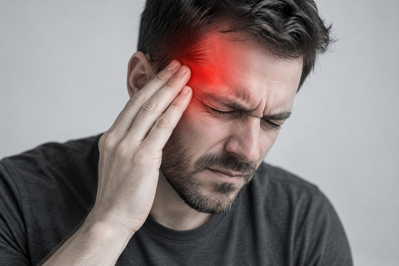 Person pressing their fingers to their temples, indicating head pain