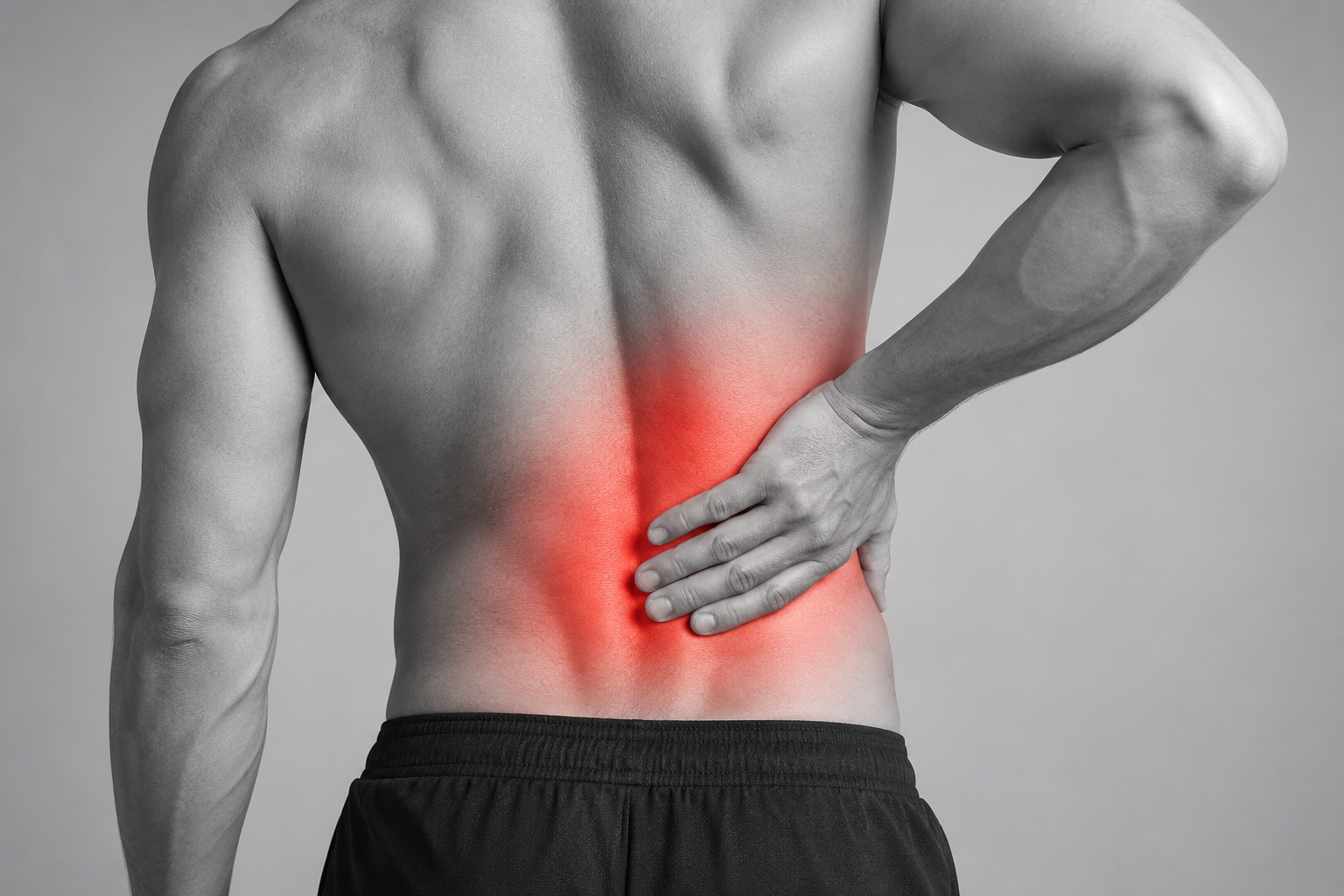 Man holding his lower back in pain, with the area highlighted in red